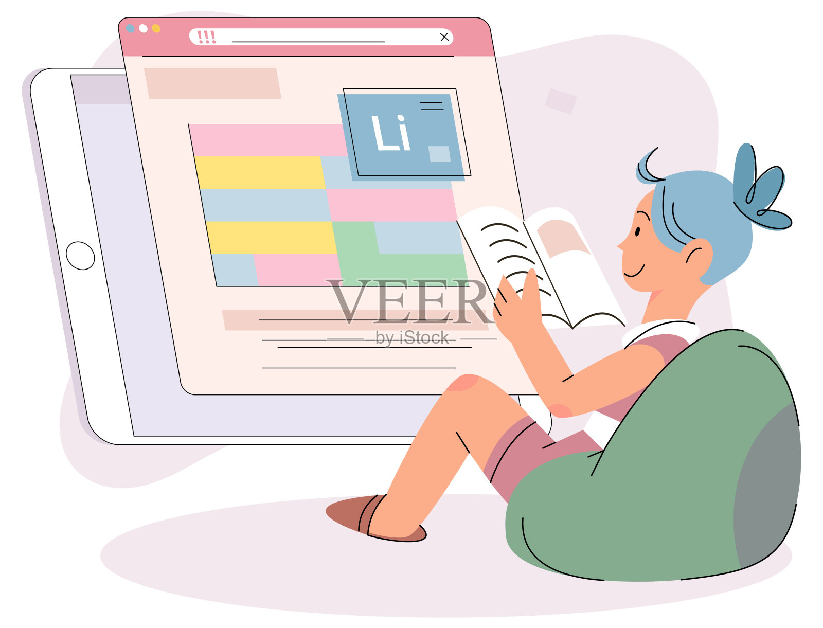 女孩用平板电脑在线学习。学生在家远程学习在线教育课程插画图片素材