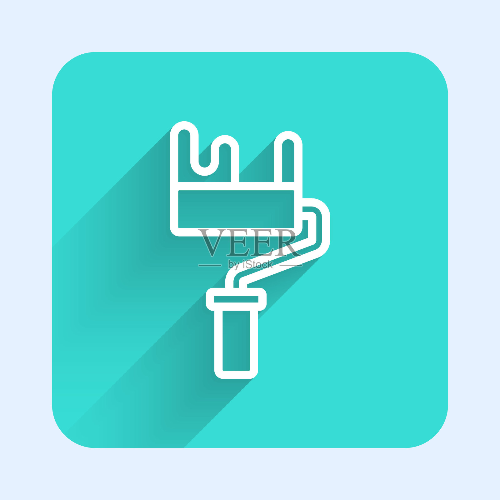 白线漆辊刷图标孤立的长阴影背景。绿色方形按钮。向量插画图片素材