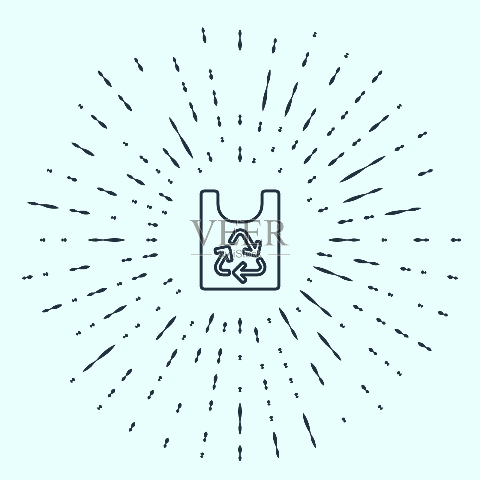 黑色线塑料袋与回收图标孤立在灰色背景。有回收标志的袋子。抽象圆形随机点。向量插画图片素材