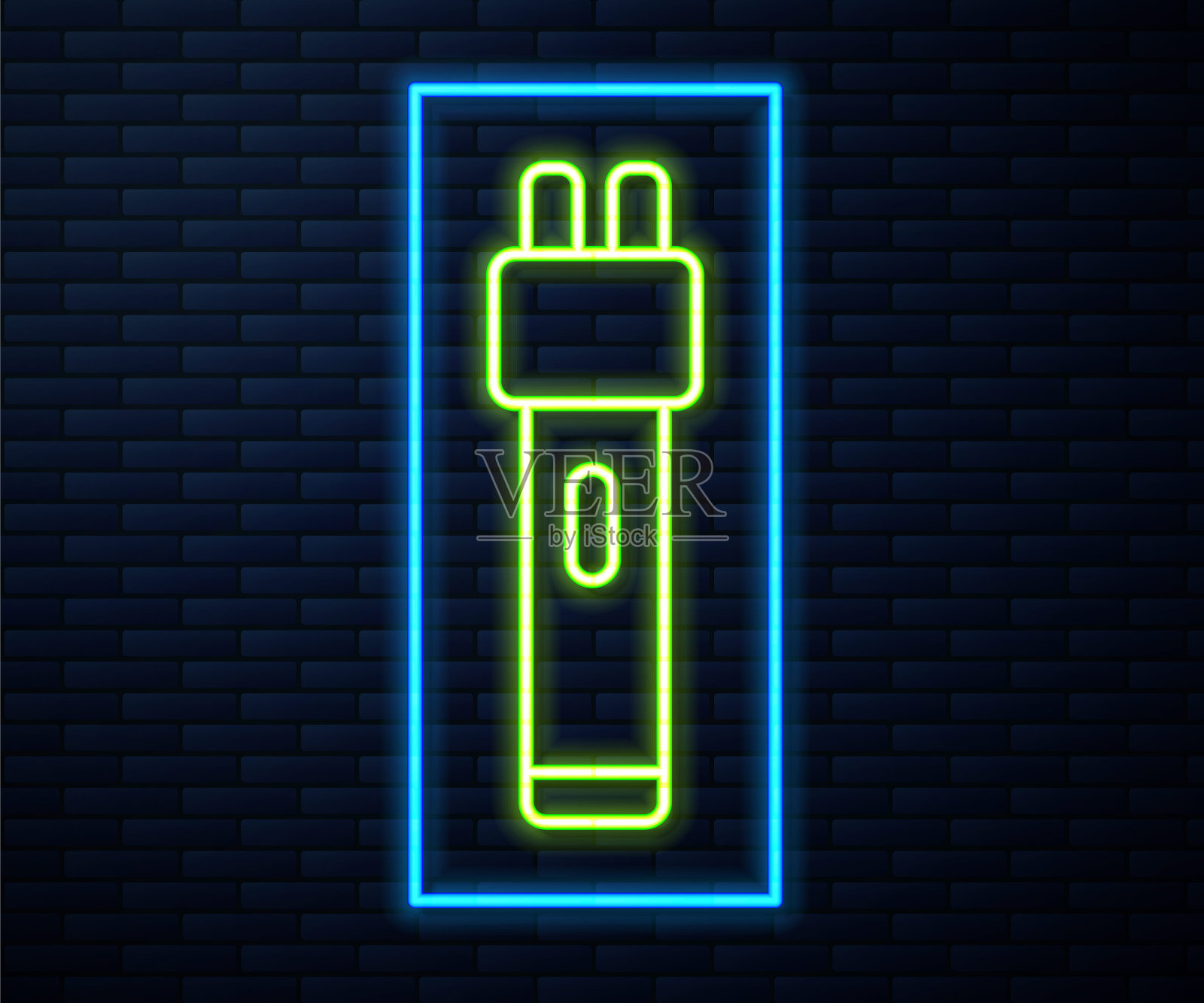 发光的霓虹灯线警察电击图标隔离在砖墙背景。避震器保护。泰瑟枪是一种电动武器。向量插画图片素材