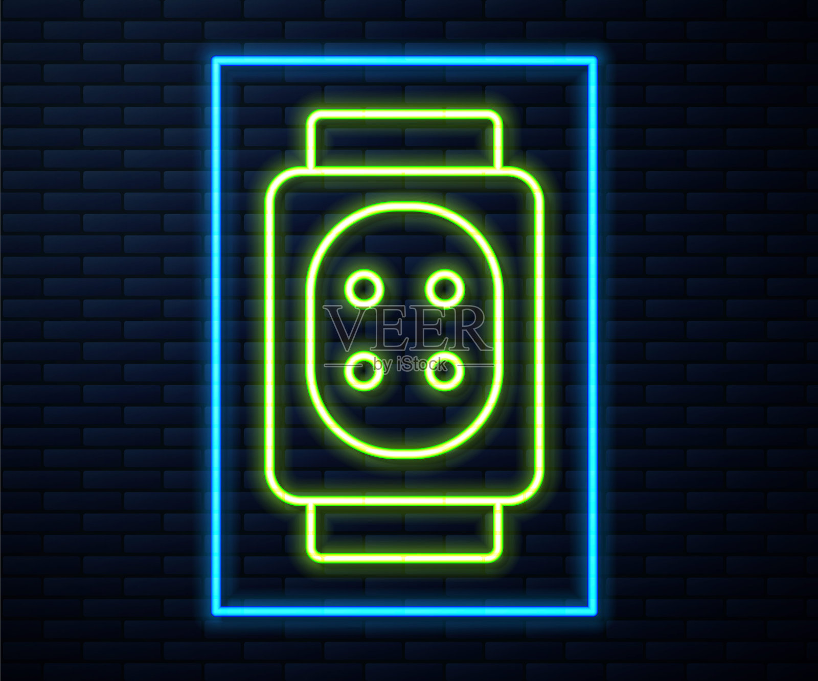 发光的霓虹灯线护膝图标孤立的砖墙背景。极限运动。滑板、自行车、轮滑护具。向量插画图片素材