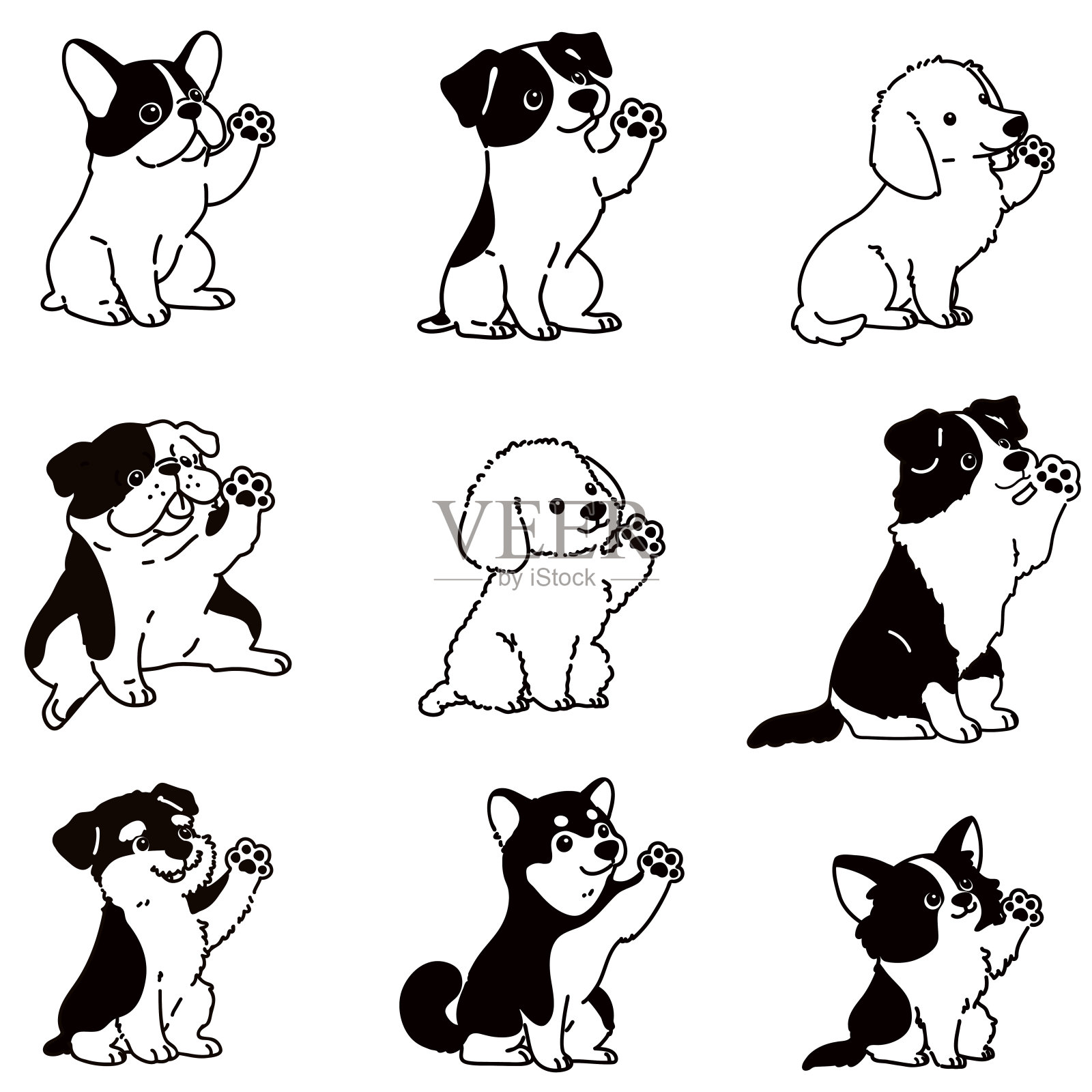 一套手绘可爱的狗握手插图，只有轮廓插画图片素材