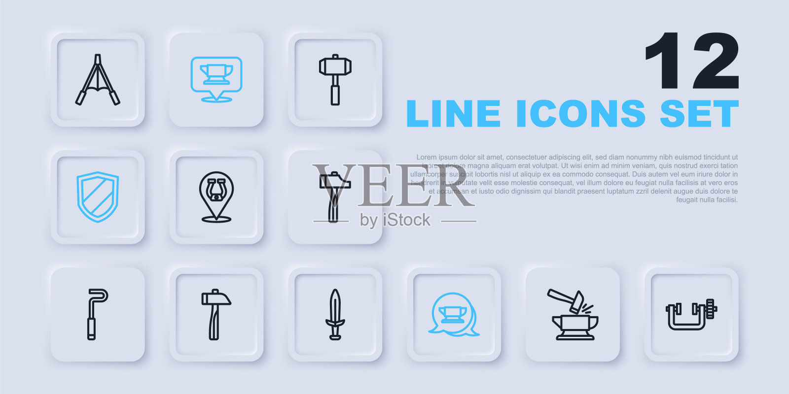 设置线铁砧和锤子，钳子螺丝工具，马蹄铁，铁匠铁砧，盾牌，锤子，和中世纪剑图标。向量插画图片素材