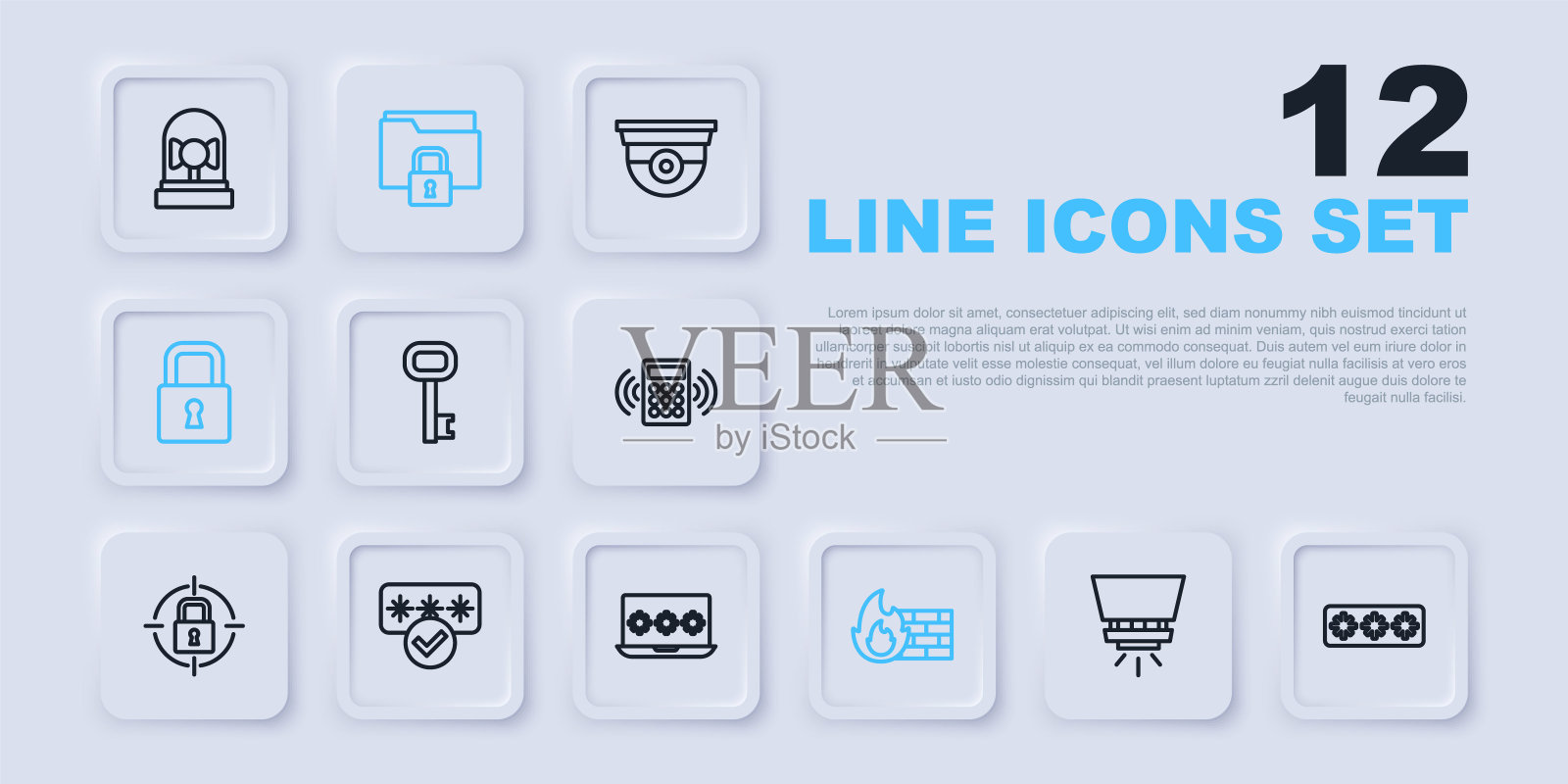 设置线消防喷淋系统，密码保护，旧钥匙，防火墙，安全墙，锁，文件夹和锁和笔记本电脑与密码图标。向量插画图片素材