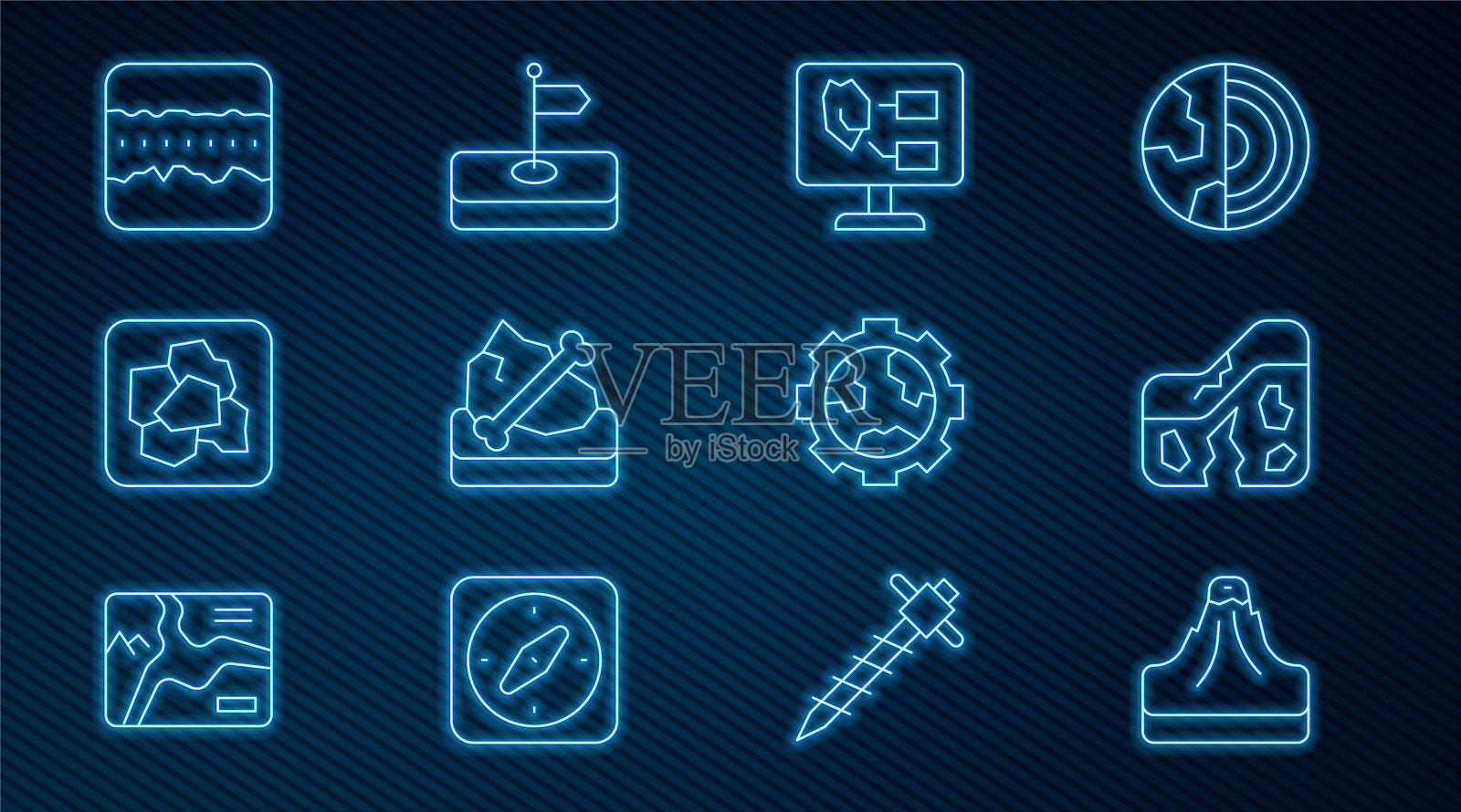 设置线火山，地质断层，土壤分析，考古，金块，地面层，齿轮和地球和国旗图标。向量插画图片素材