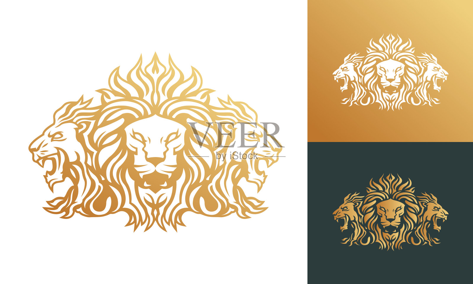 金狮头矢量线艺术插图孤立在黑暗和白色的背景。狮子脸和鬃毛企业标志设计模板。插画图片素材