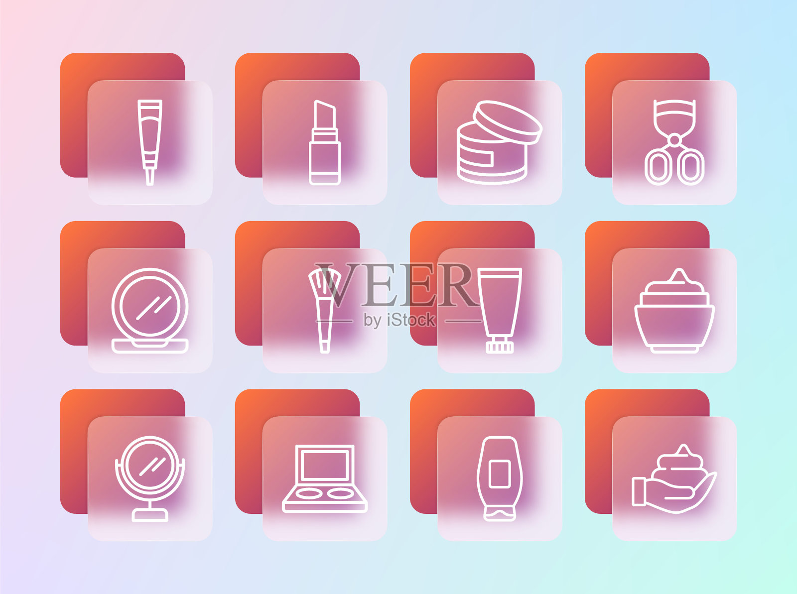 固定线睫毛夹，阴影调色板刷，面霜或乳液化妆品管，一瓶洗发水，化妆品，和口红图标。向量插画图片素材