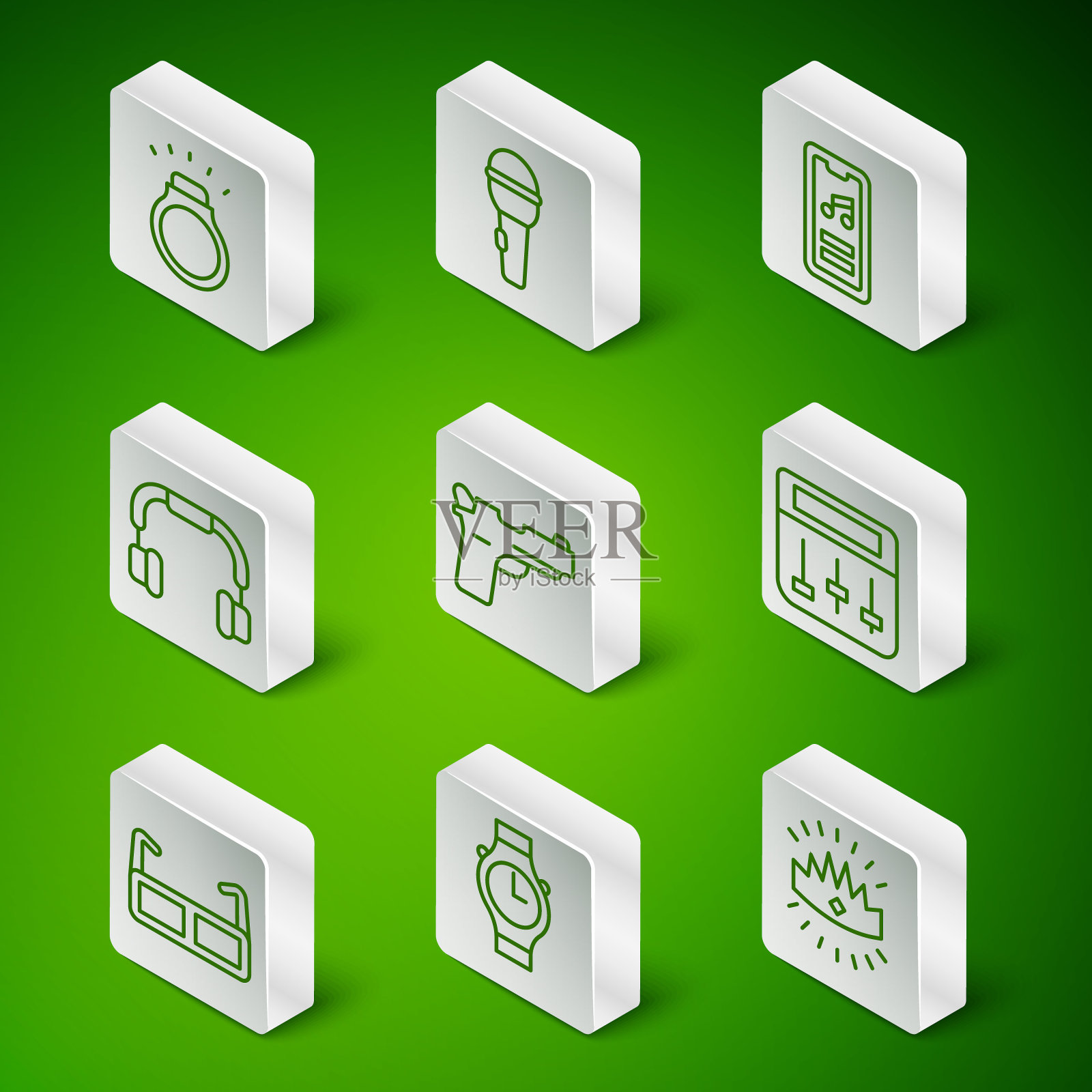 集线国王皇冠，手表，钻石戒指，手枪或枪，耳机，麦克风，眼镜和鼓机音乐图标。向量插画图片素材