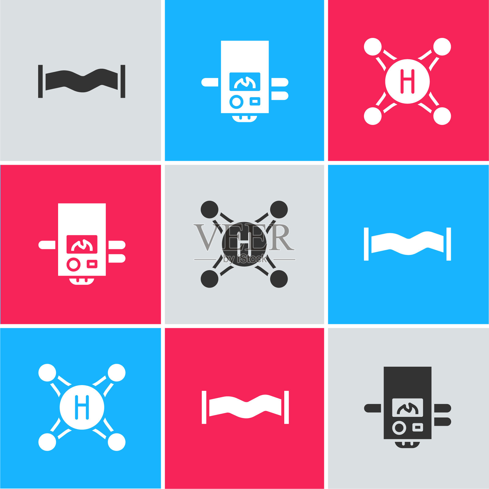 设置工业金属管道，燃气锅炉和水龙头图标。向量插画图片素材