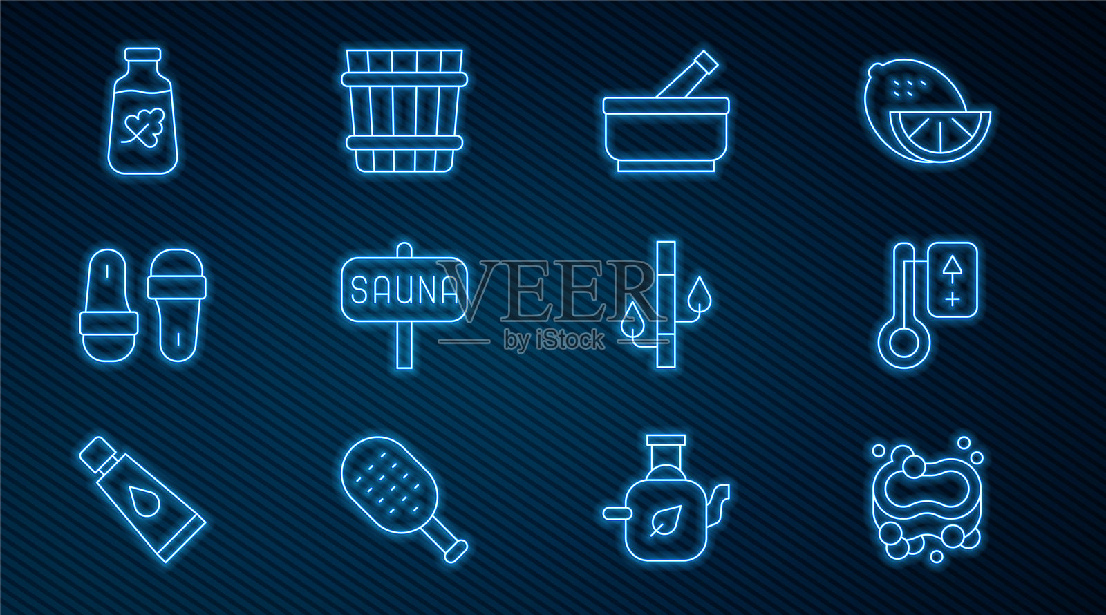 设置线肥皂条，桑拿温度计，臼和杵，拖鞋，精油瓶，竹子和桶图标。向量插画图片素材