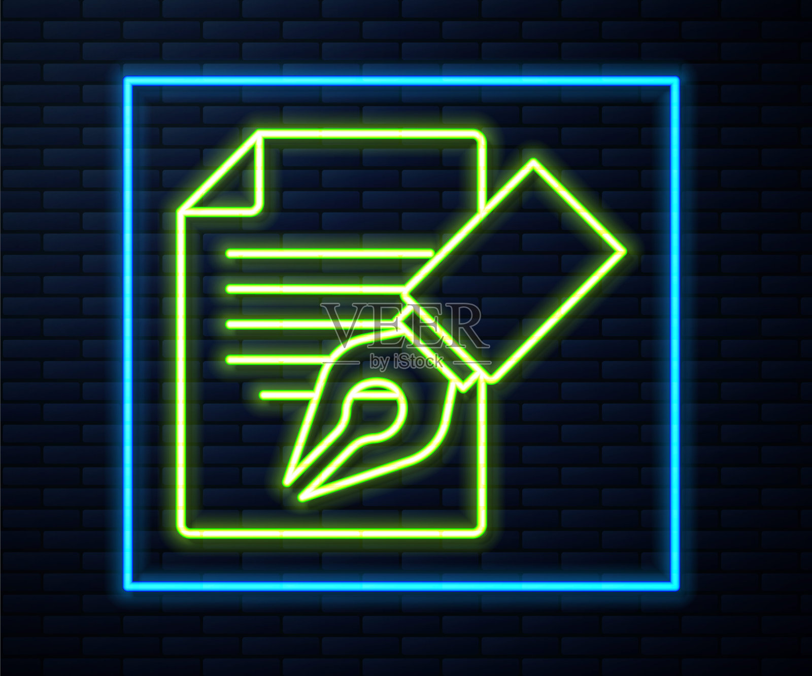 发光的霓虹灯线考试表和铅笔与橡皮擦图标隔离在砖墙背景。试卷、考试或调查概念。学校考试或考试。向量插画图片素材