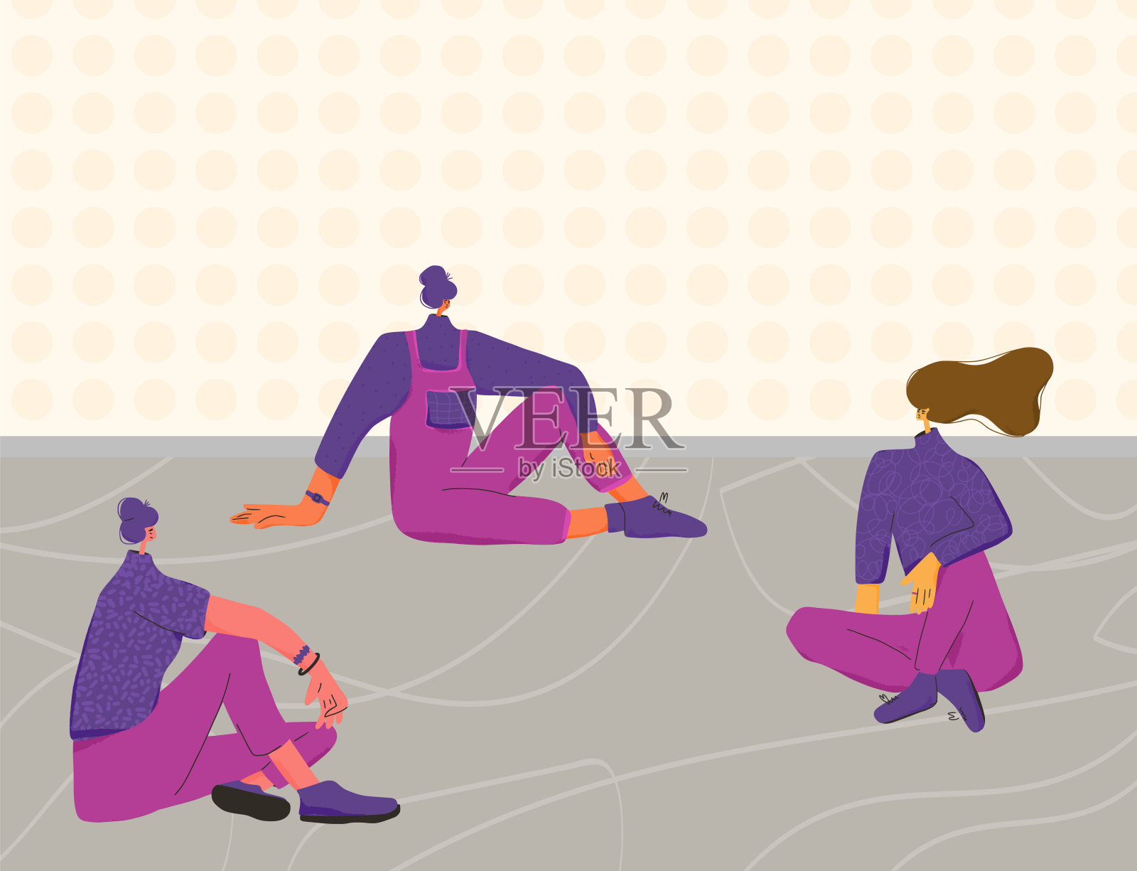 朋友们的会议。居家旅游。三个年轻女子坐在地板上。群体心理治疗的成人角色。穿着便服的女人们互相交谈。矢量插图。插画图片素材