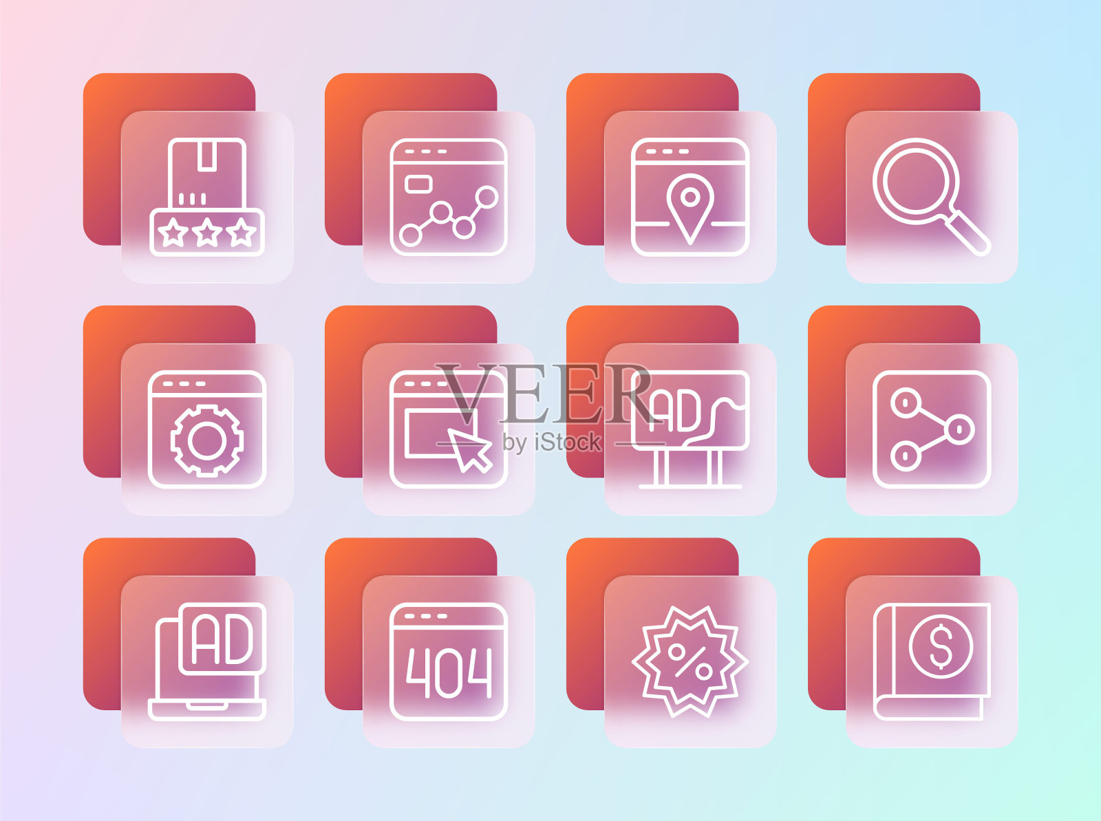 设置线放大镜，404错误页面，广告，折扣百分比标签，城市地图信息图，消费者产品评级和市场分析图标。向量插画图片素材