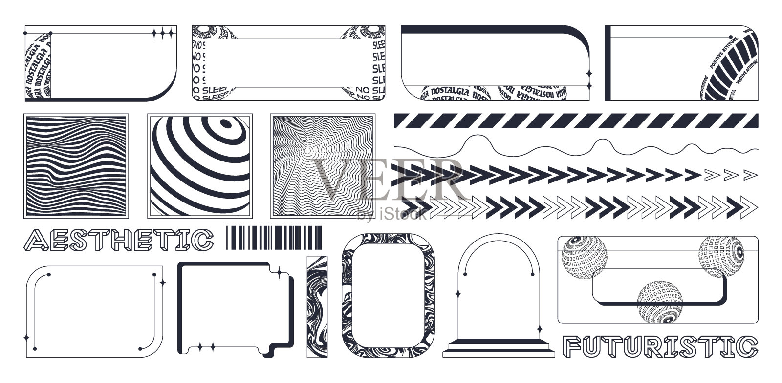 设置Y2K元素。美学抽象矢量形状。简单的形式，符号和框架y2k风格。插画图片素材