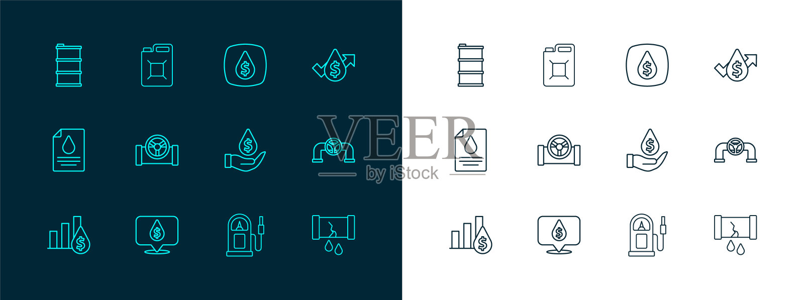 设置线油价上涨，下跌与美元符号，汽油或加油站，管道阀门，桶油和罐汽油图标。向量插画图片素材