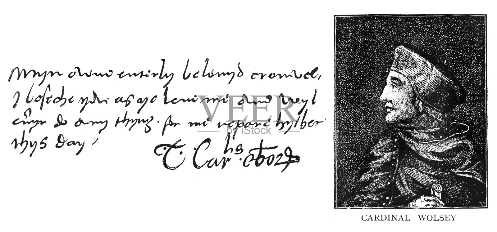 托马斯·沃尔西的肖像，有手写文字和签名插画图片素材