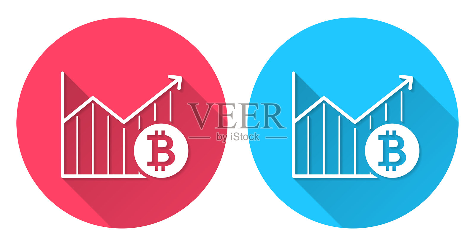 比特币的增长图。圆形图标与长阴影在红色或蓝色的背景插画图片素材