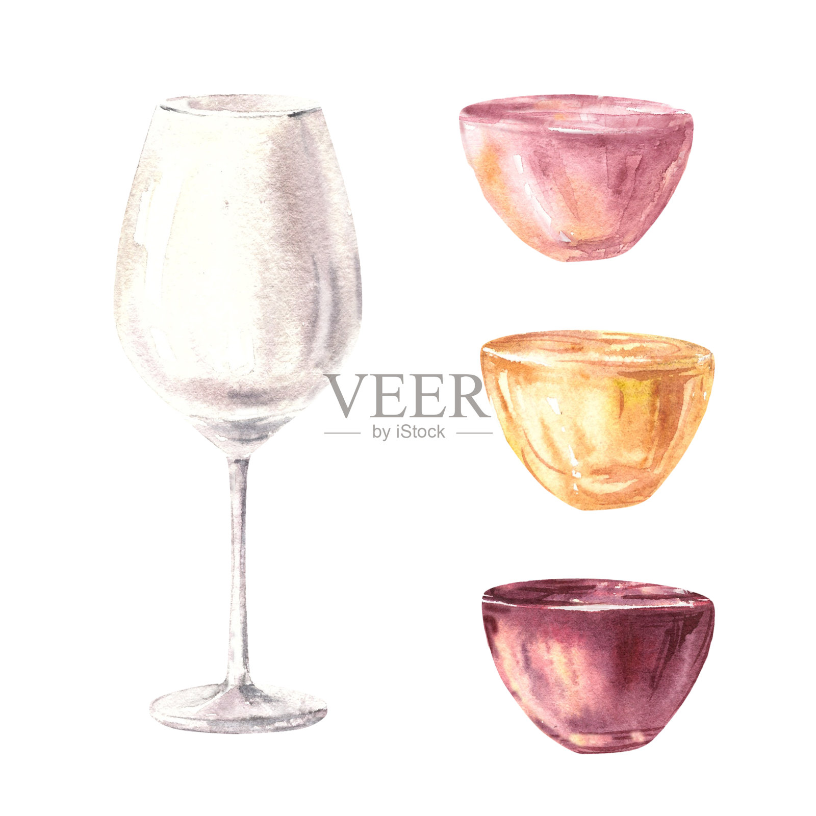 水彩插图集与饮料。与白、红、桃红葡萄酒搭配合适的酒杯形状插画图片素材