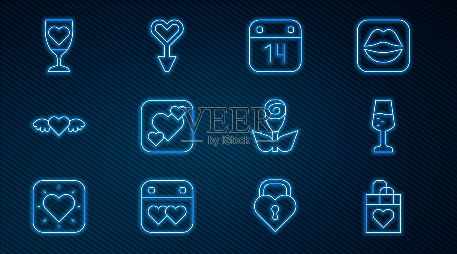 套装线购物袋心形，香槟杯，日历2月14日，心形，翅膀，花玫瑰和女性性别象征图标。向量插画图片素材