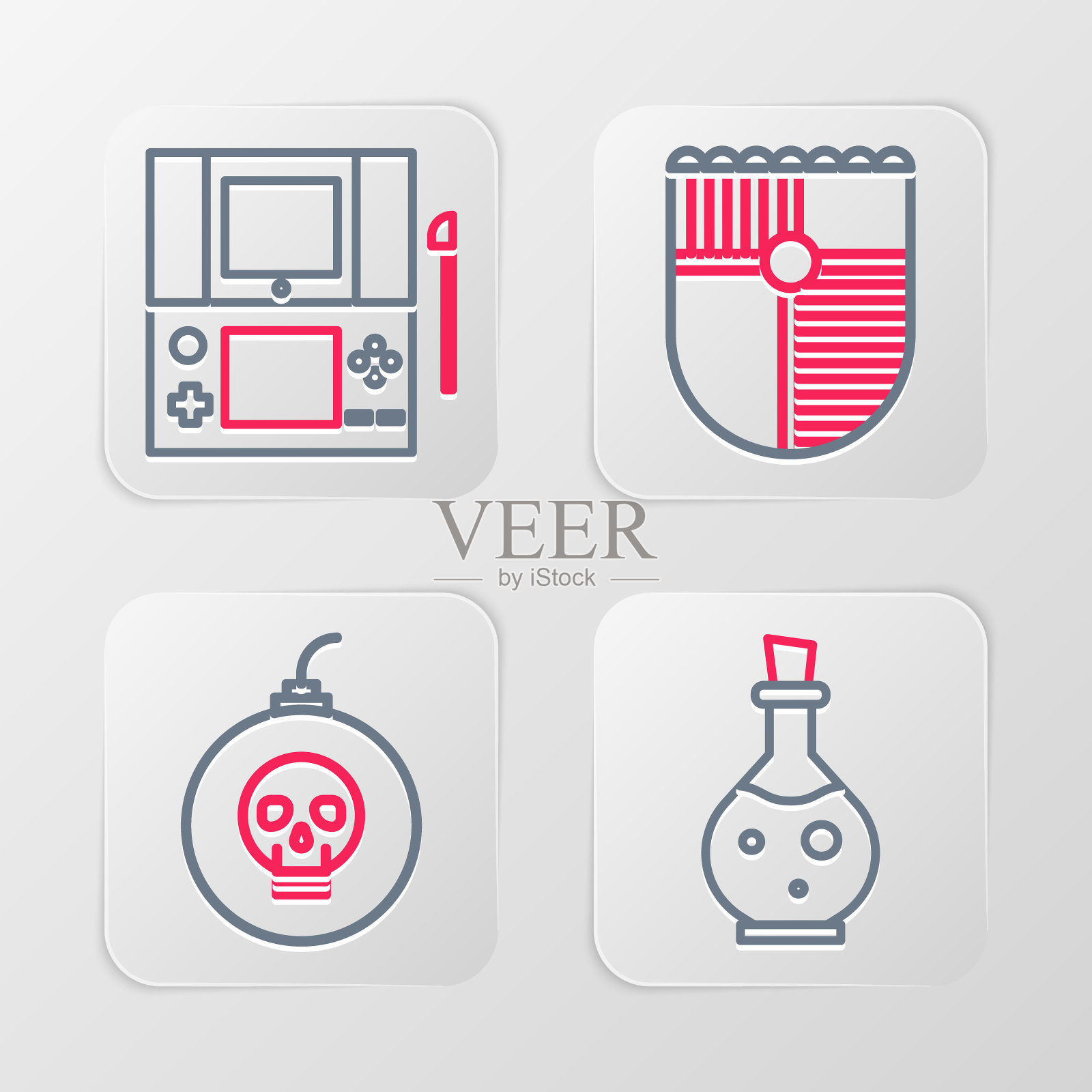 设置线瓶与神奇的长生不老药，炸弹准备爆炸，盾牌为游戏和便携式视频控制台图标。向量插画图片素材