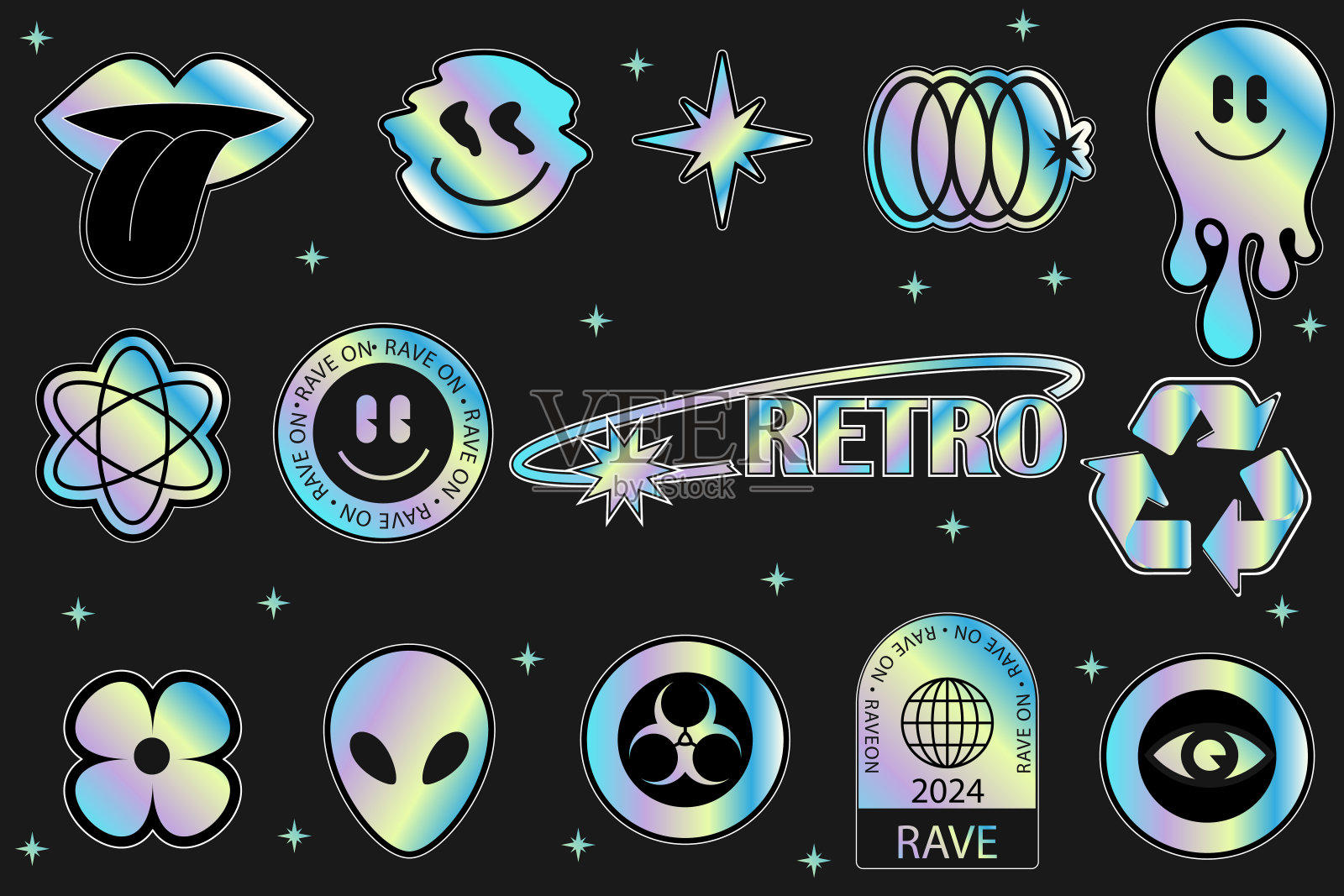 一套全息复古的未来主义贴纸。以千年虫风格的符号和物体为主题的彩色箔胶膜贴纸。插画图片素材