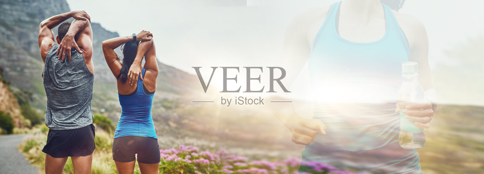 夫妇，背部和伸展在自然的横幅上锻炼，锻炼或户外训练一起在模型上。后视图男女在身体热身，伸展或健身运动的动机照片摄影图片