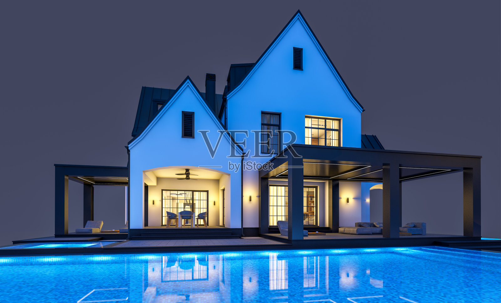 3D渲染：黑色背景中孤立的黑白色现代都铎式房屋照片摄影图片