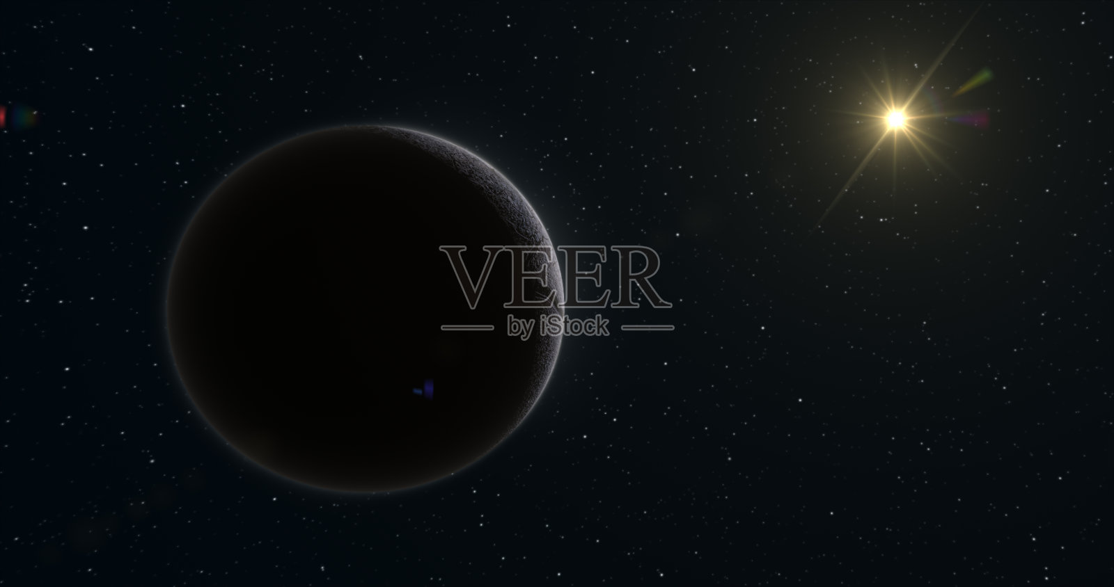 抽象的现实空间旋转行星圆球体与浮雕石表面在空间对恒星和太阳的背景照片摄影图片