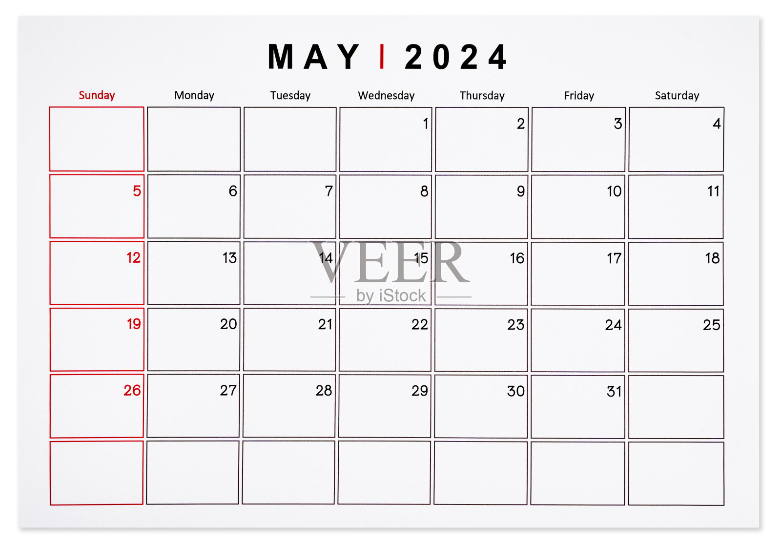 2024年5月月历页面孤立在白色背景上。照片摄影图片
