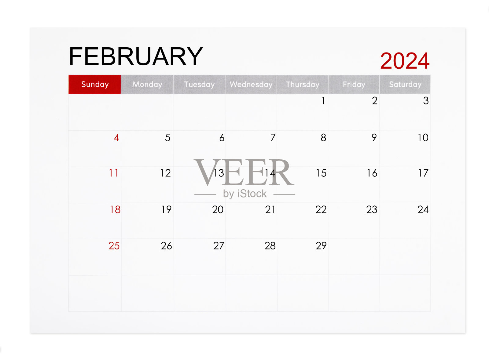 2024年2月月历页面隔离在白色背景上，保存剪切路径。照片摄影图片