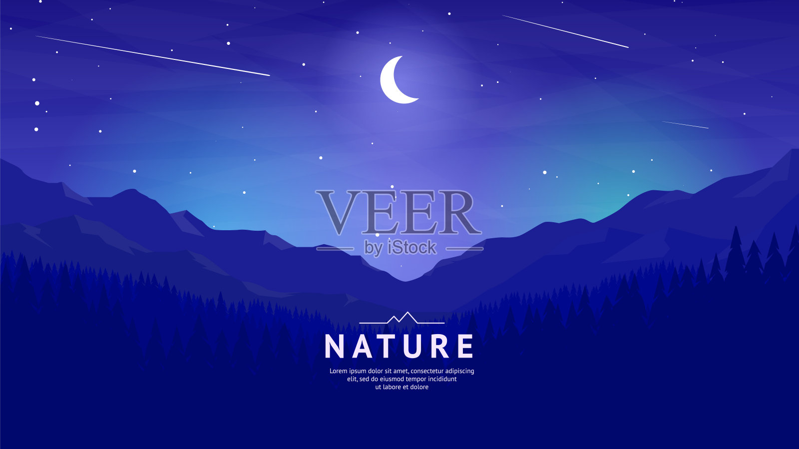 月亮在繁星点点的夜空。山脉和森林。插画图片素材