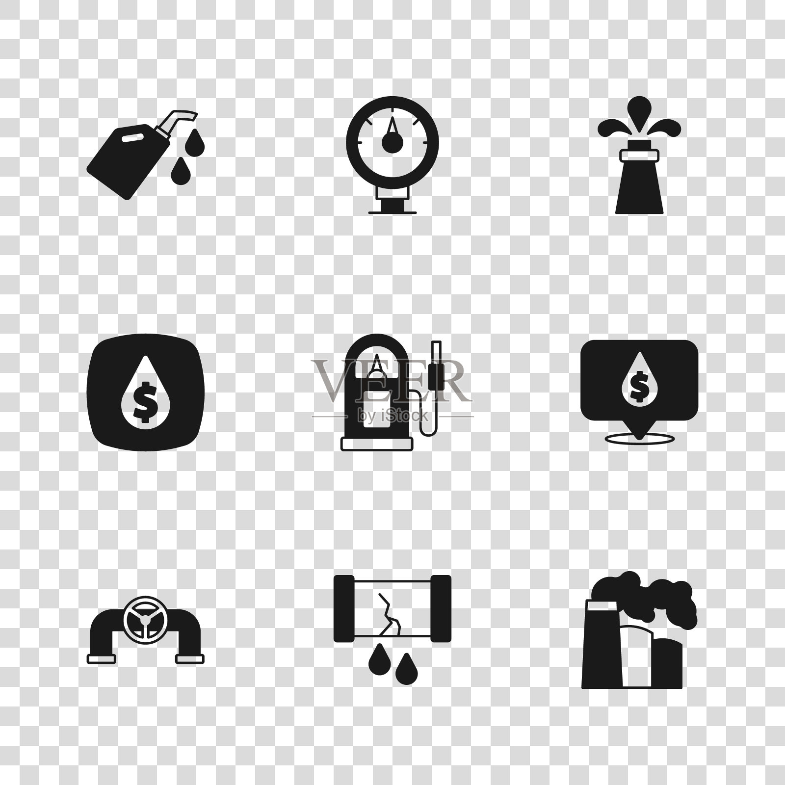 集破裂油管与阀门，油滴美元符号，和天然气工业工厂，加油站，钻机，罐电机，电机仪表和图标。向量插画图片素材