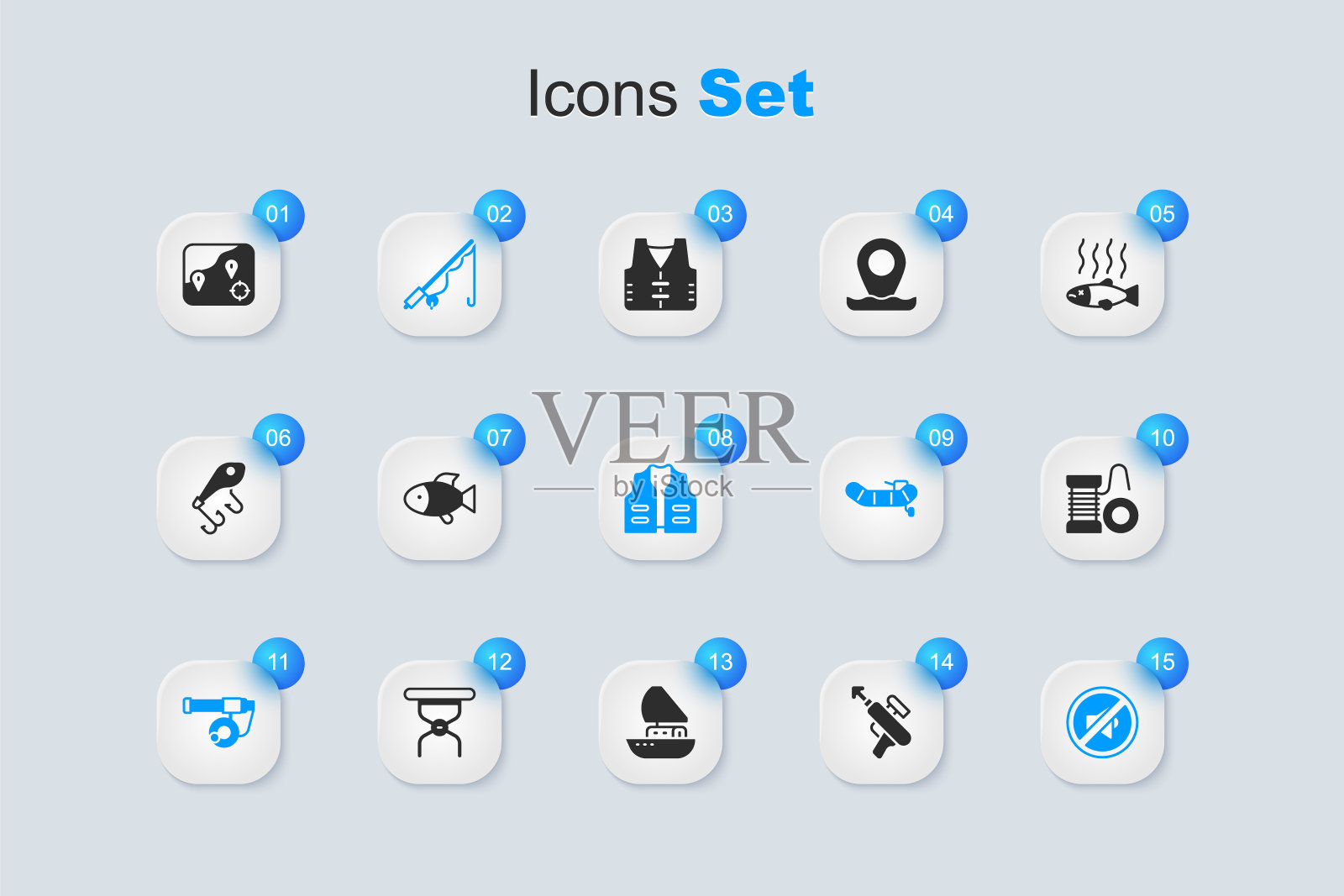 设置钓鱼鱼叉，杆，扬声器静音，纺纱卷轴钓鱼，位置和夹克图标。向量插画图片素材