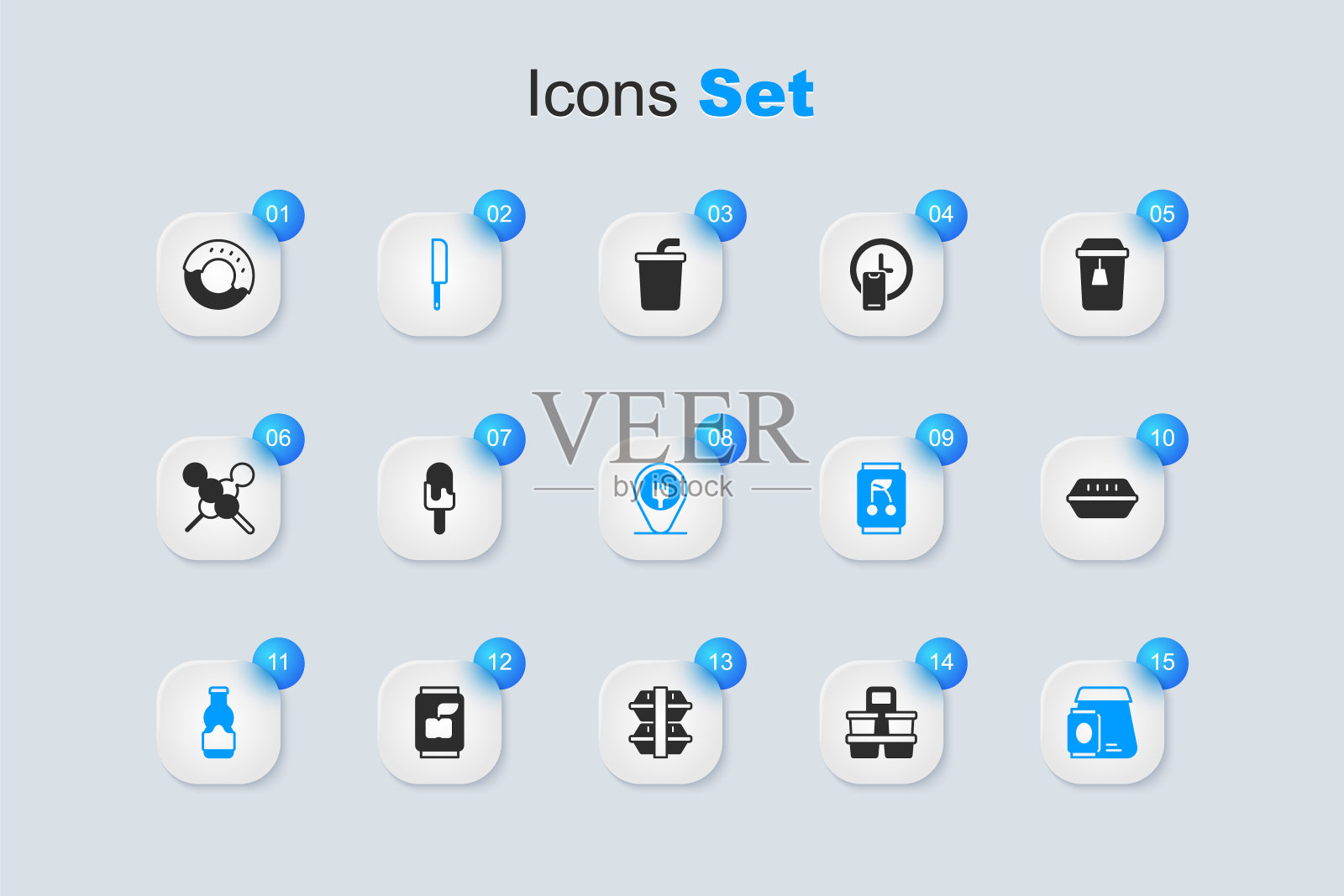 集咖啡杯去，冰淇淋，刀，酱汁瓶，在线订购食品，午餐盒，甜甜圈和咖啡馆和餐馆的位置图标。向量插画图片素材