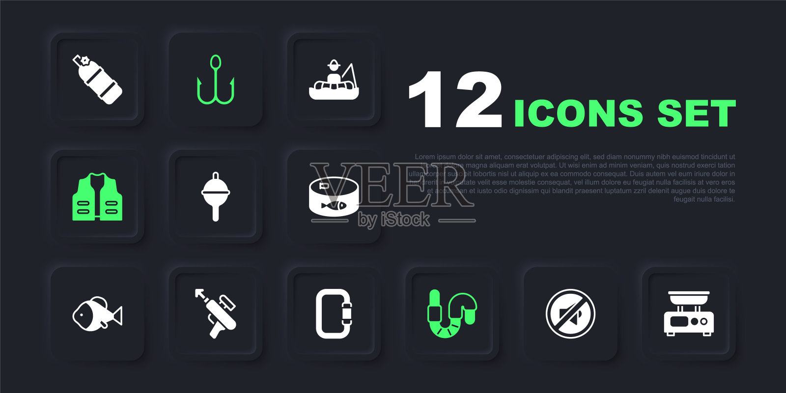 设置扬声器静音，电子秤，钓鱼浮子，蠕虫，夹克，鱼叉，钩和钩图标。向量插画图片素材