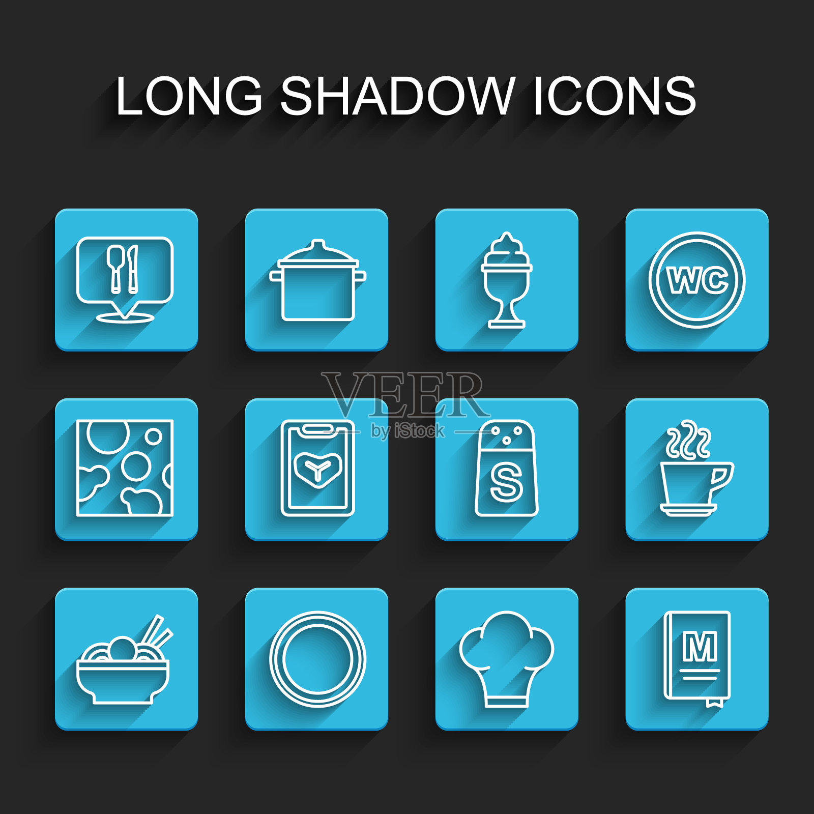 在碗，盘子，咖啡馆和餐厅位置，厨师帽子，餐厅咖啡馆菜单，咖啡杯和盐图标设置线亚洲面条。向量插画图片素材