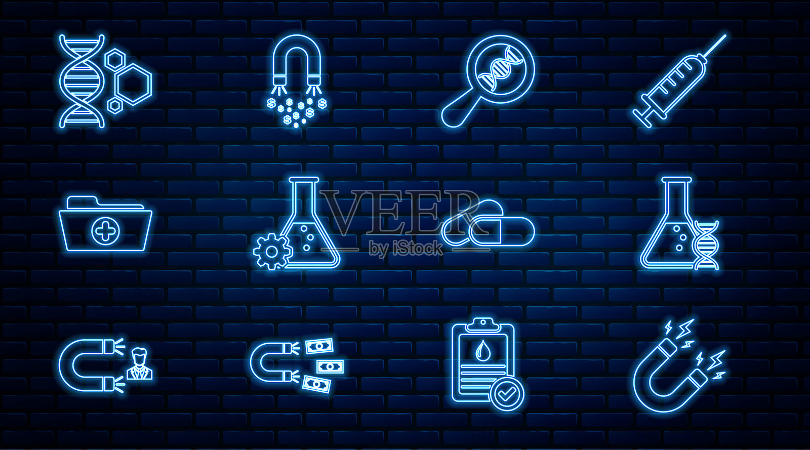 集线磁铁闪电，DNA研究，搜索，生物工程，健康记录文件夹，遗传，药物药片和金钱图标。向量插画图片素材