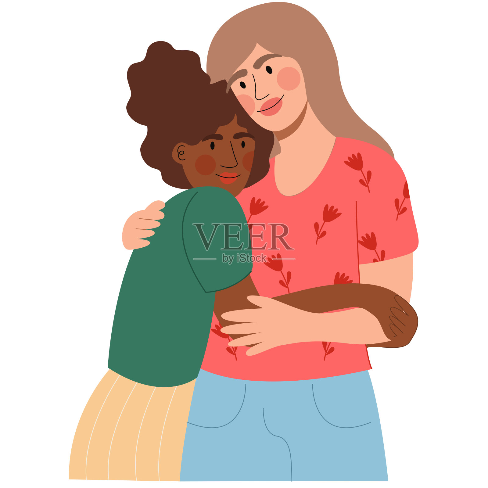 女人拥抱。那个女人抱着一个黑皮肤的女人。全国拥抱日。插画图片素材