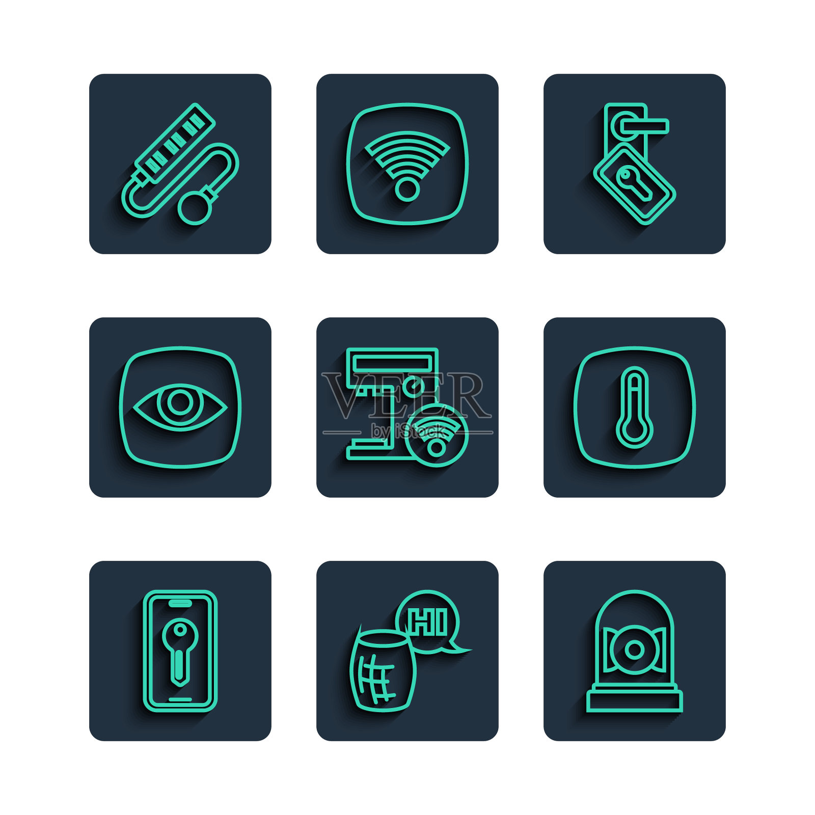 设置线路智能钥匙，语音助手，响闹钟，数字门锁，咖啡机，安全摄像头，电气延长线和恒温器图标。向量插画图片素材