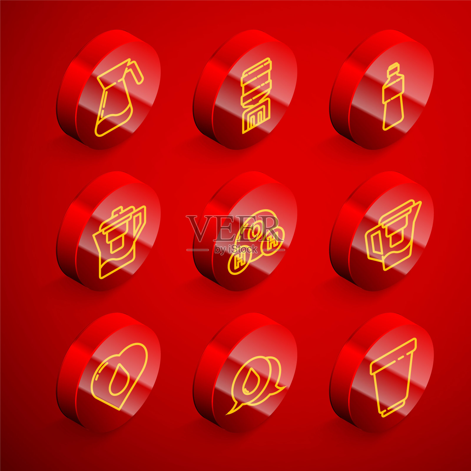 设置线水壶玻璃与水，水冷却器，瓶子，水壶过滤器，化学公式为H2O，心脏滴和语音气泡图标。向量插画图片素材