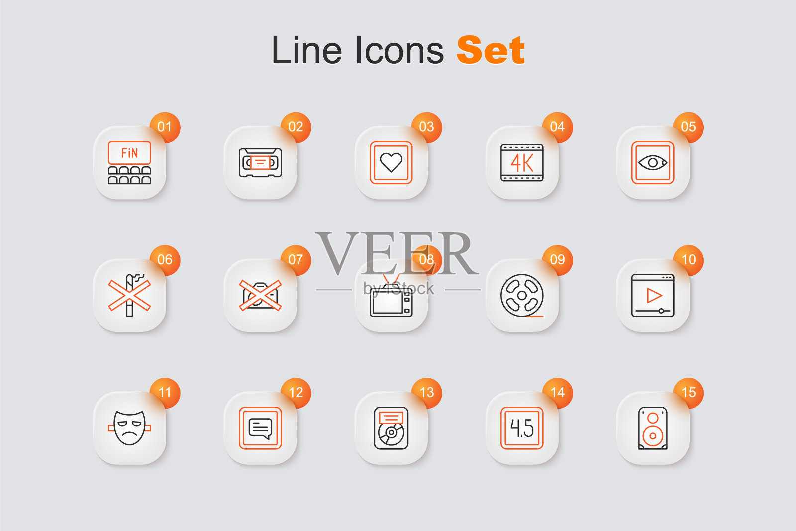 套装线立体声扬声器，评级电影，CD光盘奖框，视频字幕，戏剧戏剧面具，在线播放视频，电影卷轴和复古电视图标。向量插画图片素材