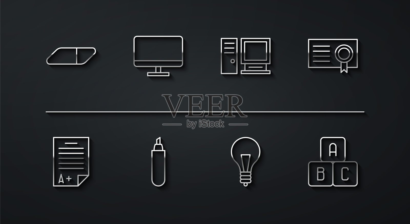 定线橡皮、A +考卷、证书模板、灯泡概念、记号笔、电脑显示屏、ABC积木和图标。向量插画图片素材