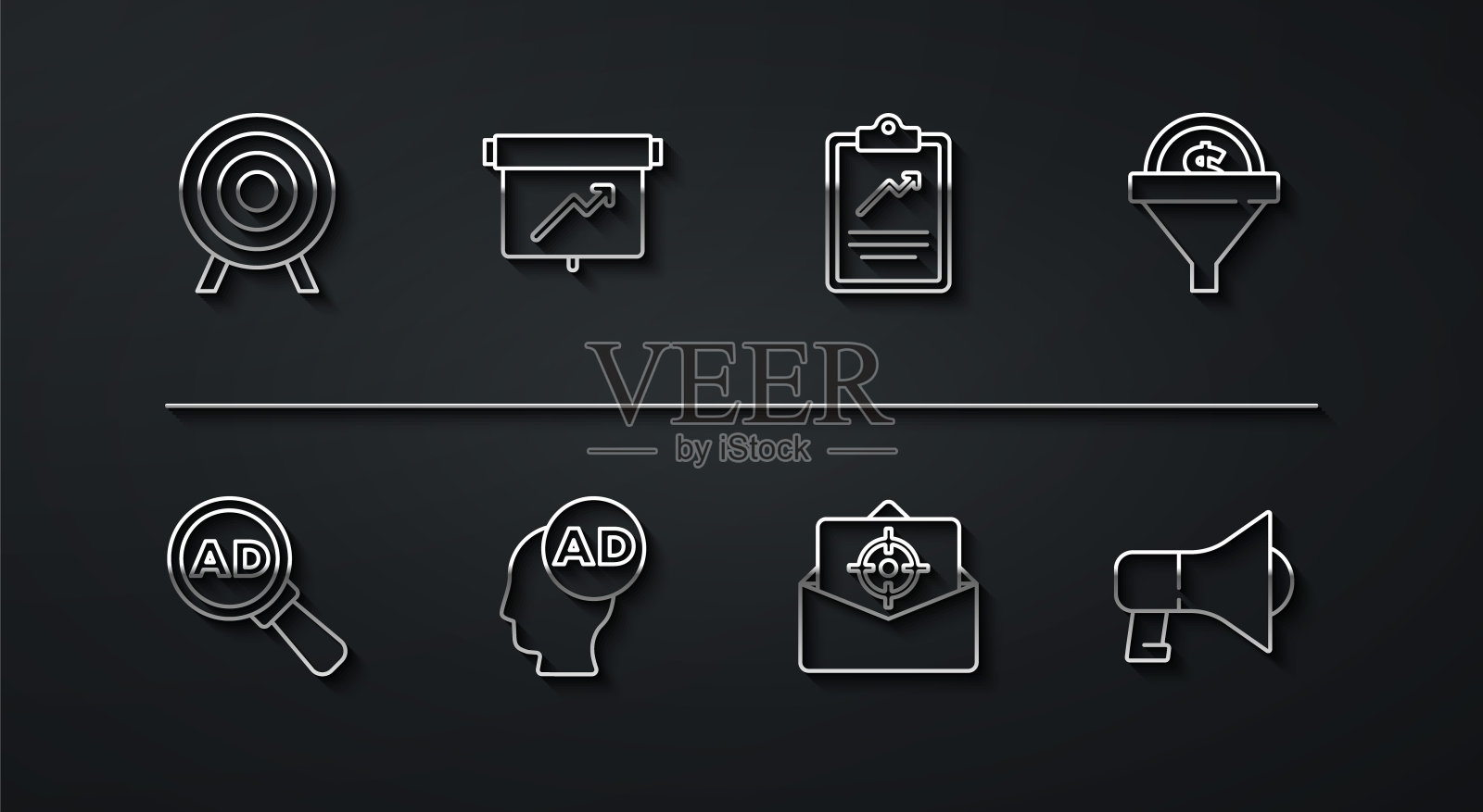 设定线目标运动，广告，领导管理，邮件和电子邮件，板与图表，扩音器和剪贴板图标。向量插画图片素材