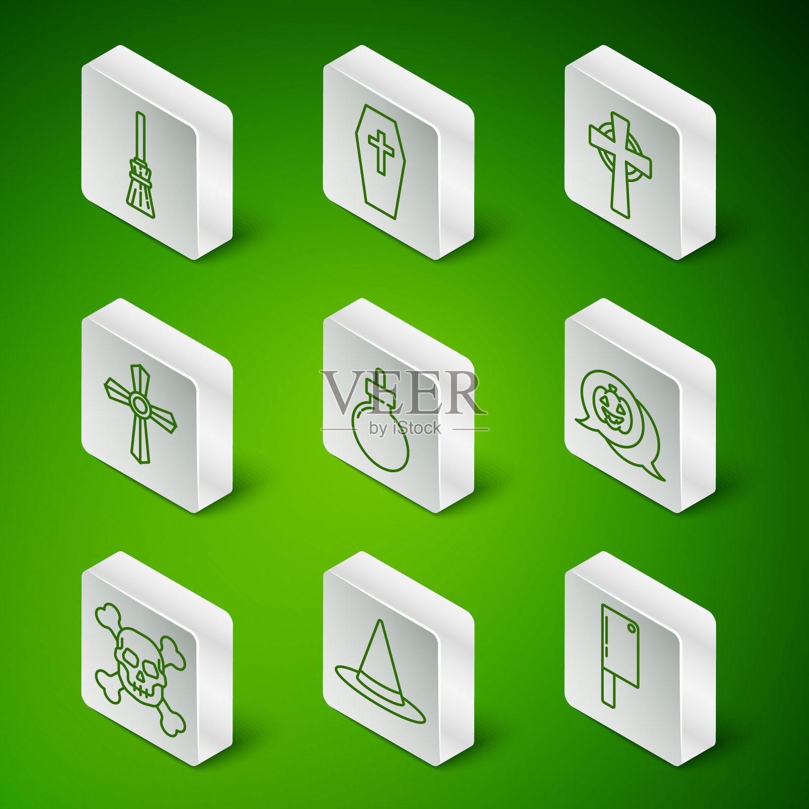 设置线肉斩，女巫帽子，女巫扫帚，炸弹准备爆炸，墓碑与十字架，棺材，骷髅交叉骨和南瓜图标。向量插画图片素材