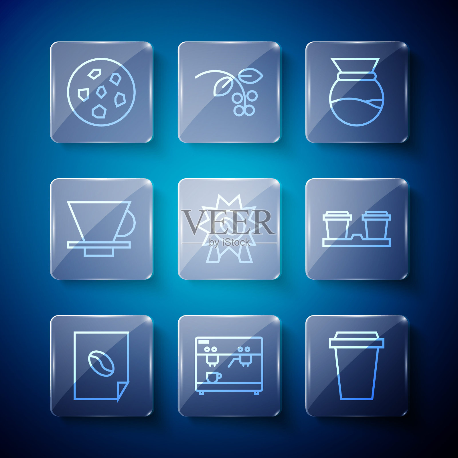 设置线咖啡海报，机器，杯子去，倒在咖啡机，奖牌，V60，饼干饼干和图标。向量插画图片素材