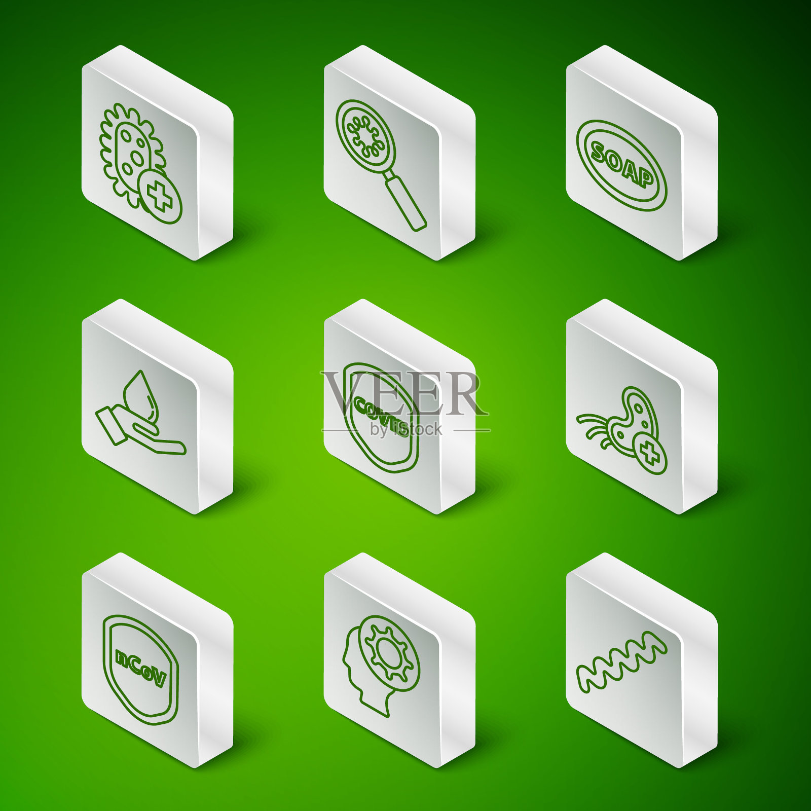 设置“病毒”、“人与病毒”、“阳性”、“屏蔽”、“用肥皂洗手”、“在放大镜下”和图标。向量插画图片素材