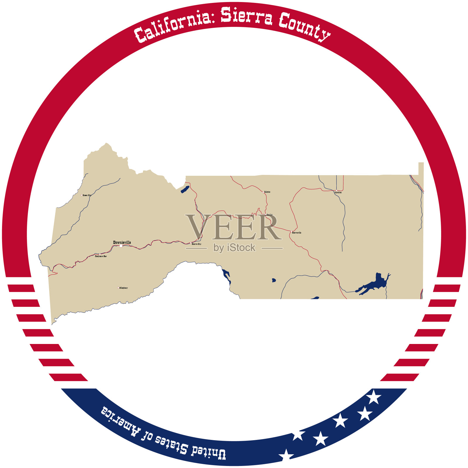 美国加利福尼亚州塞拉县地图以圆圈排列。插画图片素材