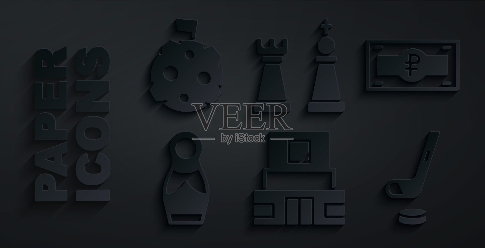 集列宁陵墓，俄罗斯卢布钞票，娃娃套娃，冰球棒和冰球，国际象棋和月亮与国旗图标。向量插画图片素材