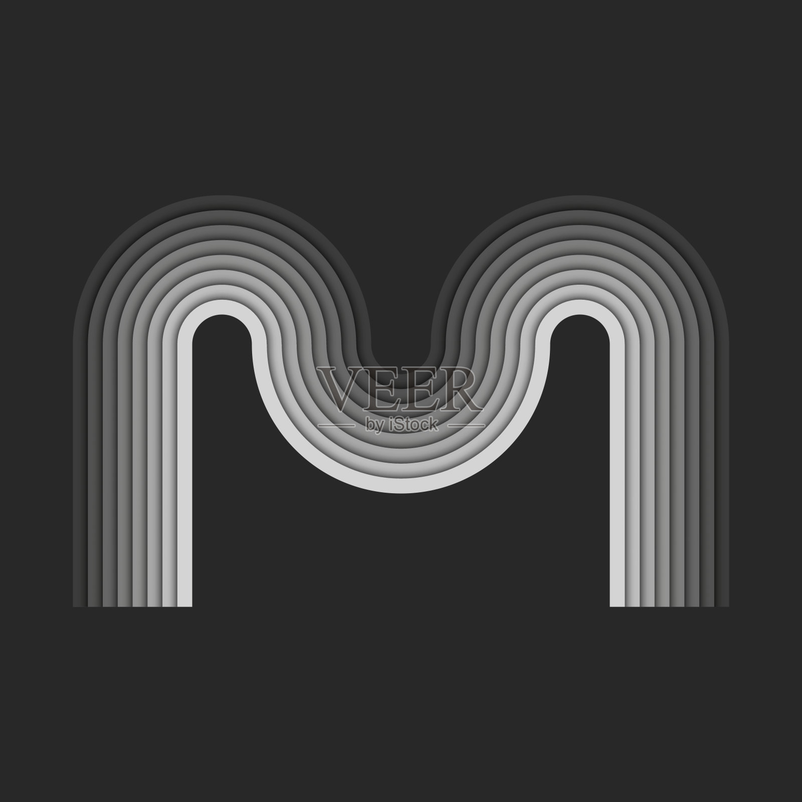 加粗字母M字母组合标志首字母，灰色平行条纹创意层叠图案，几何平滑曲线造型，三维波浪剪纸风格设计会徽，身份排版标志。插画图片素材