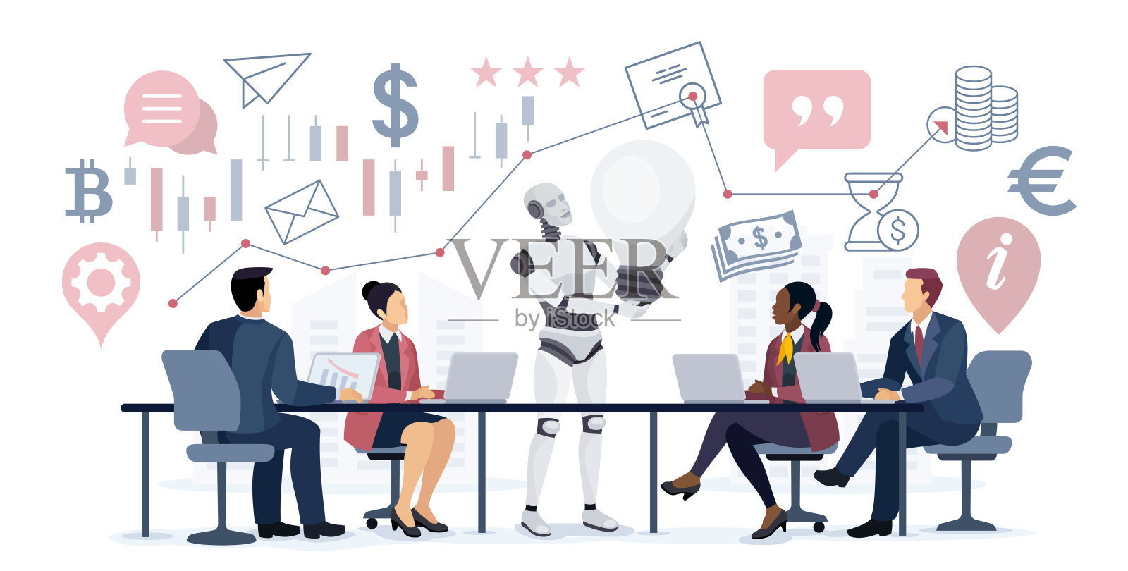 人工智能机器人向一群商人展示一个想法。插画图片素材